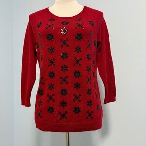 Talbots Lambswool Blend Snowflake Sequin Sweater Pullover Red 3/4 Sleeves Size S